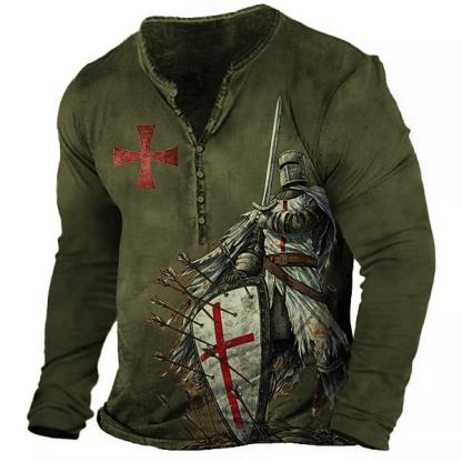 Men's Vintage Templar Cross Henley Collar Long SleeveT-Shirt