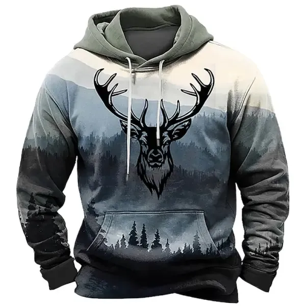 Men's Vintage Forest Deer Head Hunting Print Pocket Long Sleeve Hoodie