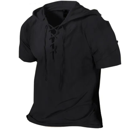 Men's Linen T Shirts Drawstring Lace Up Hood Solid Color Summer Tops Short Sleeve Blouse Mens Plain T-shirt Work Pullover