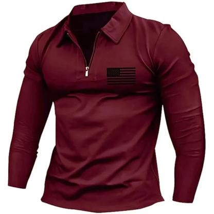 Men's Vintage American Flag Print Zip Lapel Long Sleeve T-Shirt