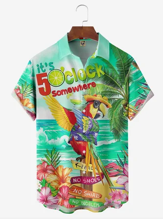 Rhyvra Hardaddy Party Shirts It's 5 O'Clock Somewhere Parrot Chest Pocket Short Sleeve Hawaiian Shirt