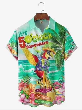 Rhyvra Hardaddy Party Shirts It's 5 O'Clock Somewhere Parrot Chest Pocket Short Sleeve Hawaiian Shirt