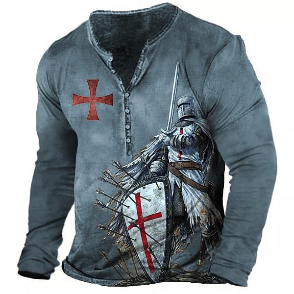 Men's Vintage Templar Cross Henley Collar Long SleeveT-Shirt