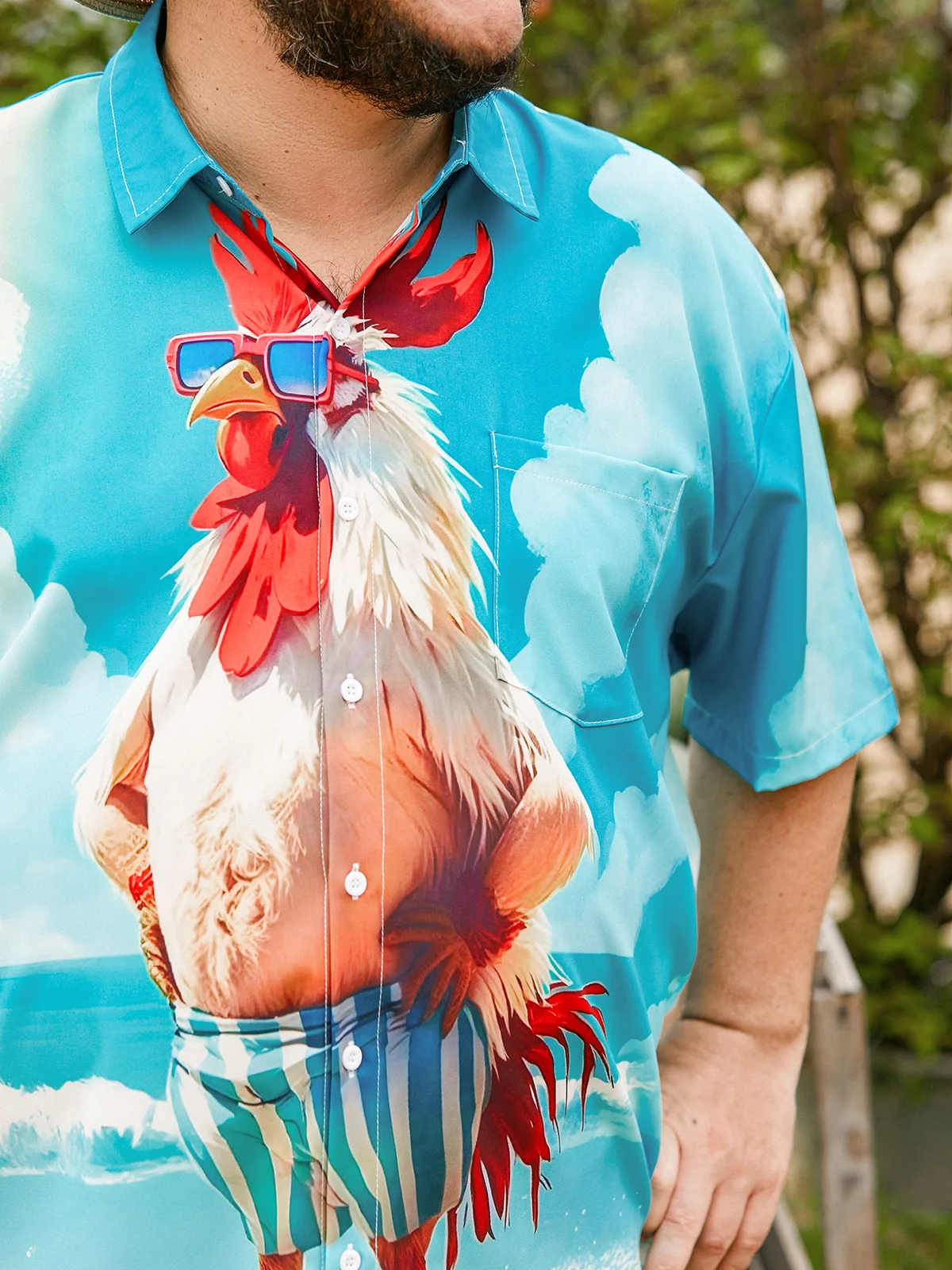 Rhyvra Moisture-wicking Beach Fun Chicken Chest Pocket Hawaiian Shirt