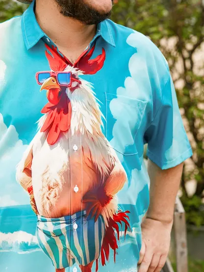 Rhyvra Moisture-wicking Beach Fun Chicken Chest Pocket Hawaiian Shirt