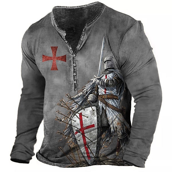 Men's Vintage Templar Cross Henley Collar Long SleeveT-Shirt