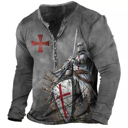 Men's Vintage Templar Cross Henley Collar Long SleeveT-Shirt