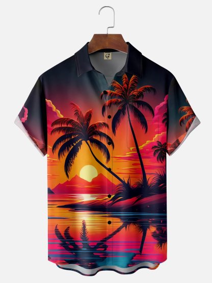 Moisture-wicking Coconut Palm Tree Beach Chest Pocket Hawaiian Shirt