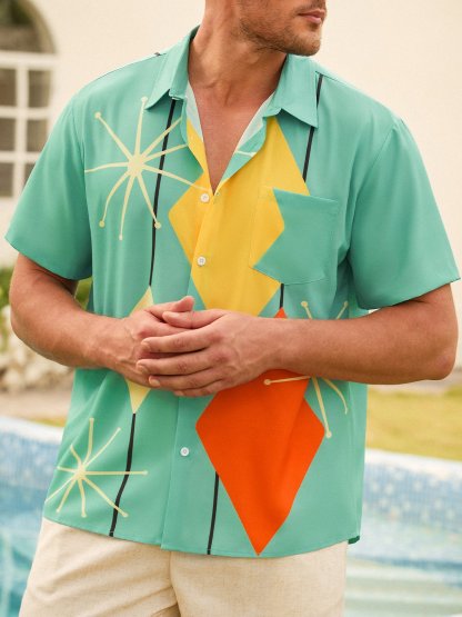 Rhyvra Men Printed Casual Summer Polyester Pockets Shirt Collar No Elasticity Regular H-Line Shirt