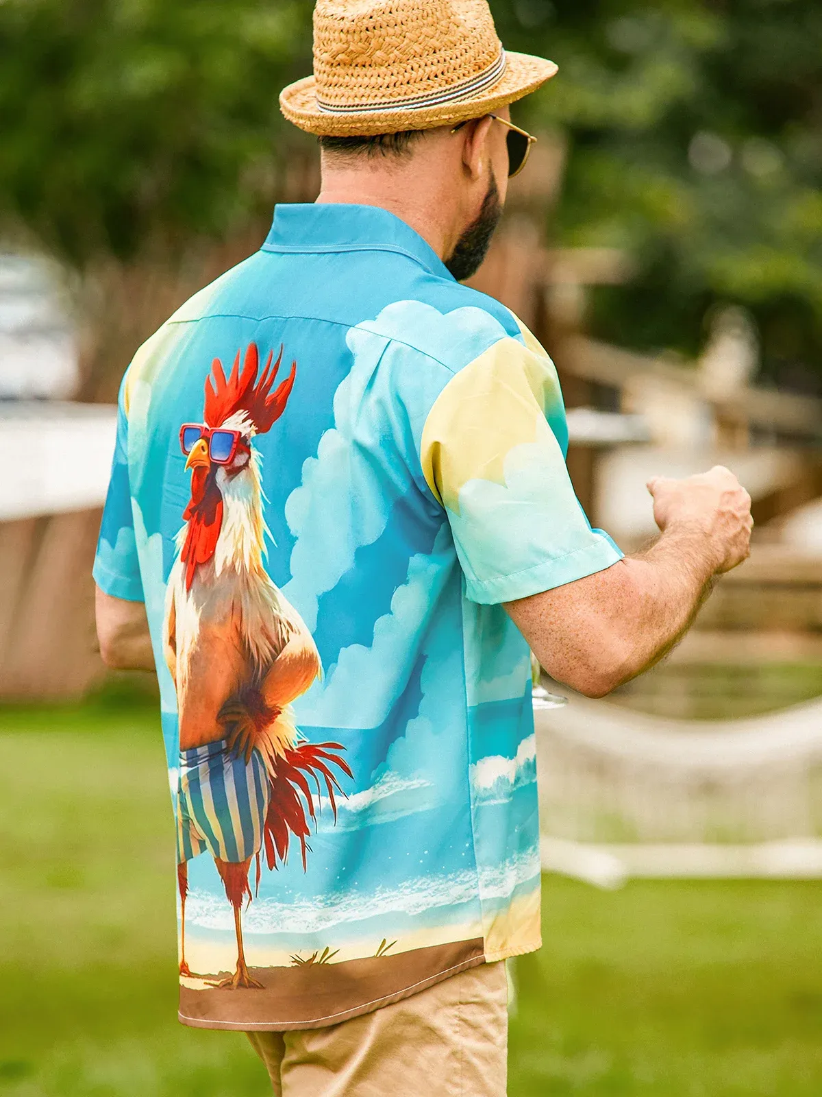Rhyvra Moisture-wicking Beach Fun Chicken Chest Pocket Hawaiian Shirt