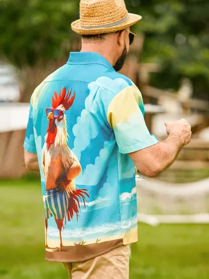 Rhyvra Moisture-wicking Beach Fun Chicken Chest Pocket Hawaiian Shirt