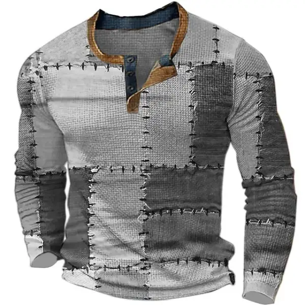 Men's Plaid Patchwork Print Henley Shirt Vintage T Shirt Sports Outdoor Long Sleeve Clothing