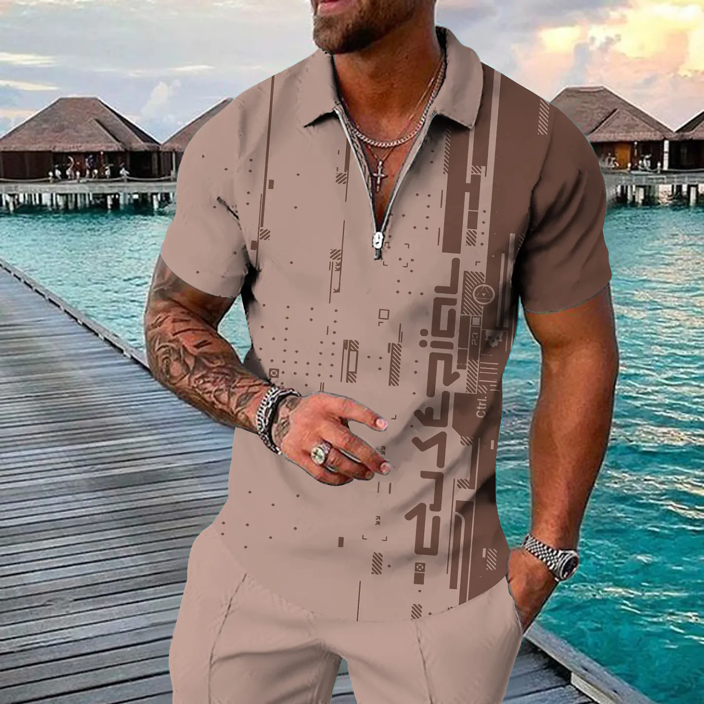 Men's Golf Shirt 3D Print Geometry Casual Zipper Print Short Sleeves Tops