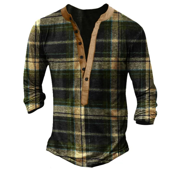 Retro Plaid Men's Outdoor Tactics Henley Button Long Sleeve Shirt