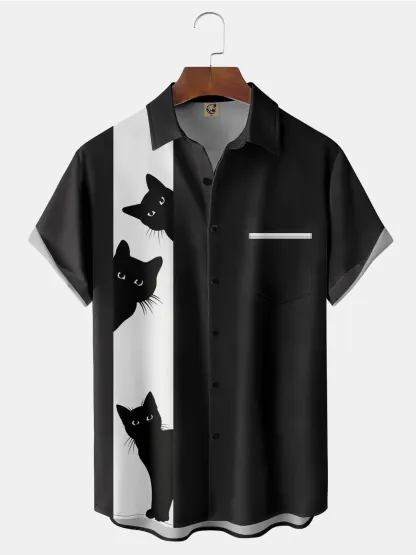Rhyvra Men's Halloween Elements Cat Graphic Print Short Sleeve Shirt