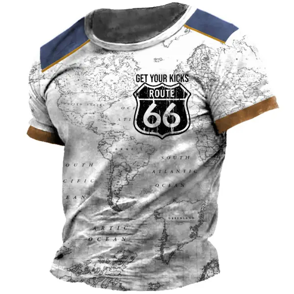 Plus Size Men's Vintage Nautical Map Route 66 Colorblock Print T-Shirt