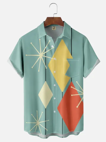 Rhyvra Men Printed Casual Summer Polyester Pockets Shirt Collar No Elasticity Regular H-Line Shirt