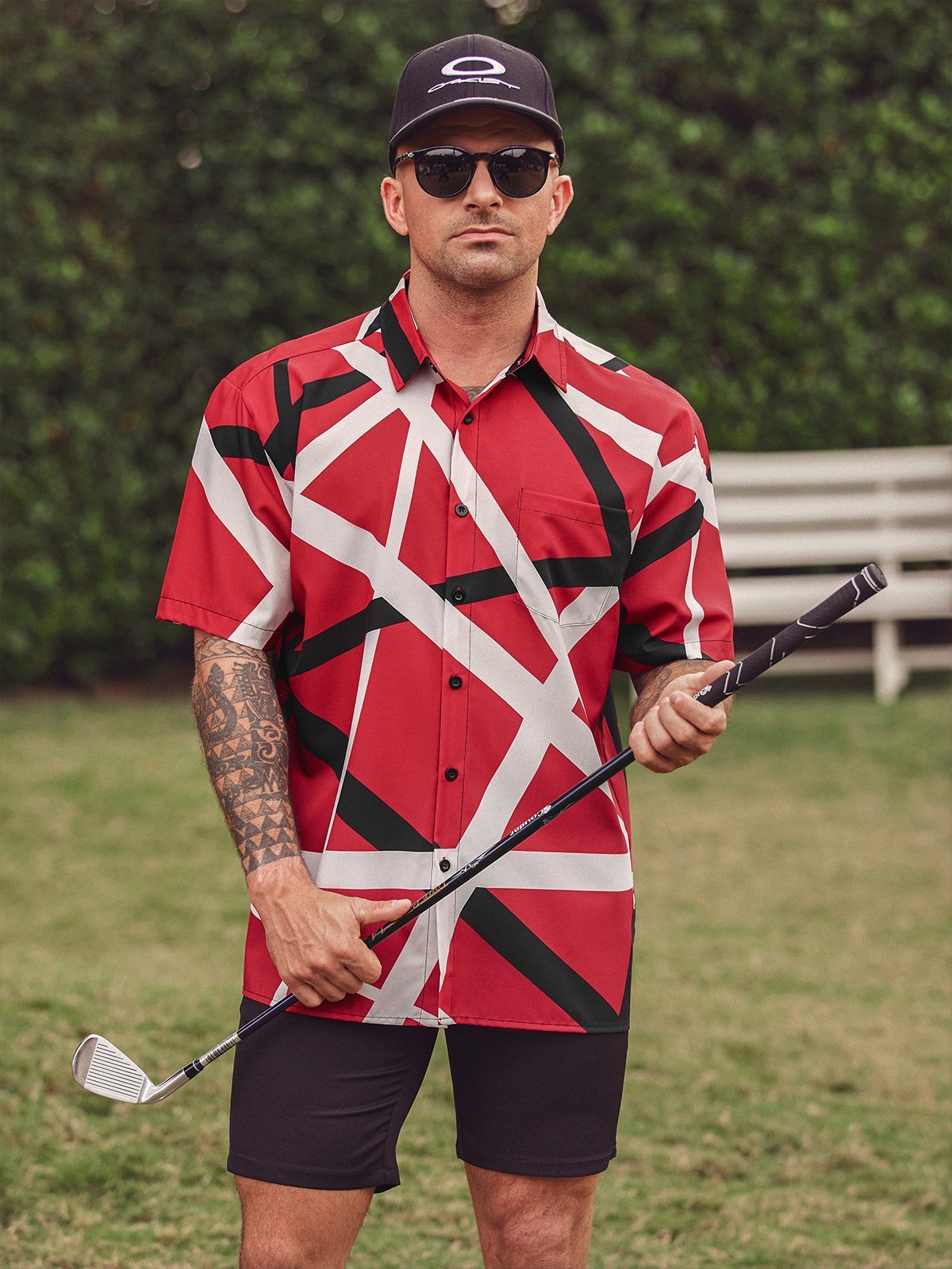 Rhyvra Geometric Lines Chest Pocket Short Sleeve Casual Shirt