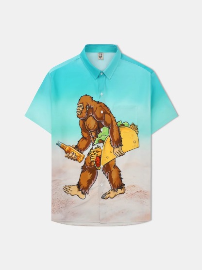 Rhyvra Gorilla Carrying Taco And Beer Chest Pocket Short Sleeve Casual Shirt