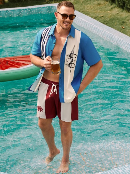 Rhyvra Hawaiian Shirt for Men Vintage Hawaiian Bowling Geometric Print Casual Breathable Hawaiian Chest Pocket Short Sleeve Shirt