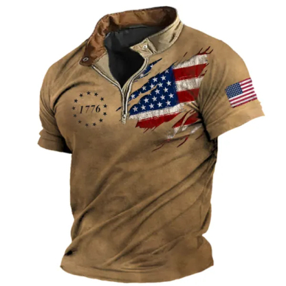 Men's American Flag Patriot 1776 Print Zipper Polo T-shirt