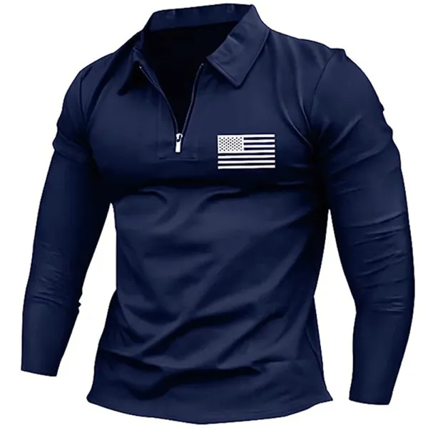 Men's Vintage American Flag Print Zip Lapel Long Sleeve T-Shirt