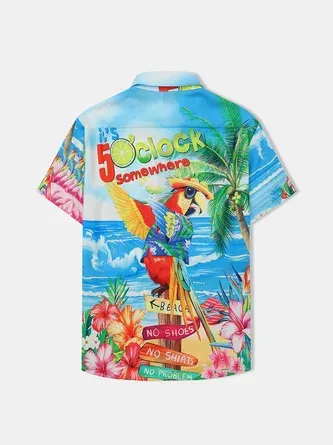 Rhyvra Hardaddy Party Shirts It's 5 O'Clock Somewhere Parrot Chest Pocket Short Sleeve Hawaiian Shirt