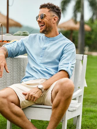 Rhyvra Cotton Linen Plain Color Casual Light Blue Regular Fit Long Sleeve Shirt Hawaiian Shirts For Men