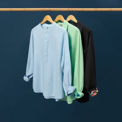 Rhyvra Cotton Linen Plain Color Casual Light Blue Regular Fit Long Sleeve Shirt Hawaiian Shirts For Men