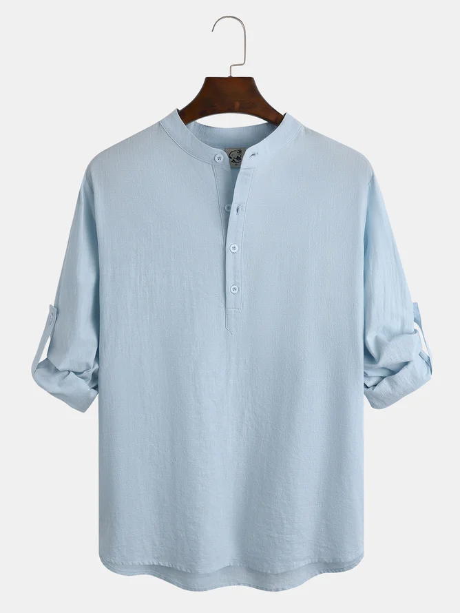 Rhyvra Cotton Linen Plain Color Casual Light Blue Regular Fit Long Sleeve Shirt Hawaiian Shirts For Men