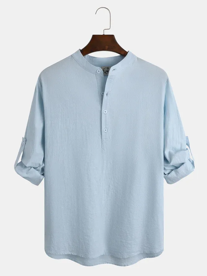 Rhyvra Cotton Linen Plain Color Casual Light Blue Regular Fit Long Sleeve Shirt Hawaiian Shirts For Men