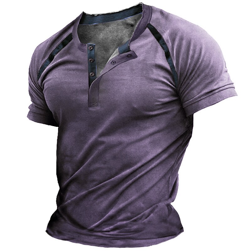 Men's T-shirt Henley Graphic Color Block Short Sleeve Casual Button-Down Print Tops