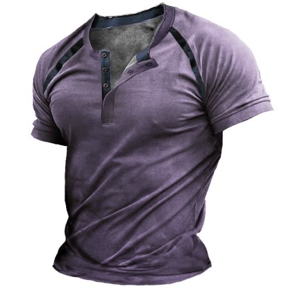 Men's T-shirt Henley Graphic Color Block Short Sleeve Casual Button-Down Print Tops