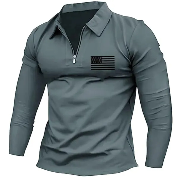 Men's Vintage American Flag Print Zip Lapel Long Sleeve T-Shirt