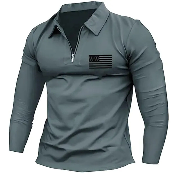 Men's Vintage American Flag Print Zip Lapel Long Sleeve T-Shirt