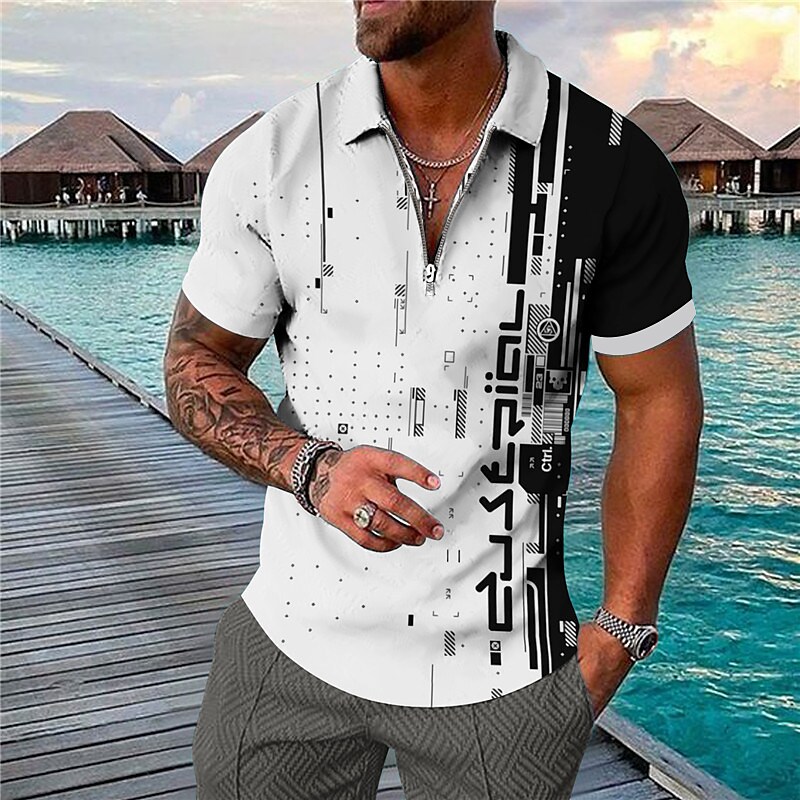 Men's Golf Shirt 3D Print Geometry Casual Zipper Print Short Sleeves Tops