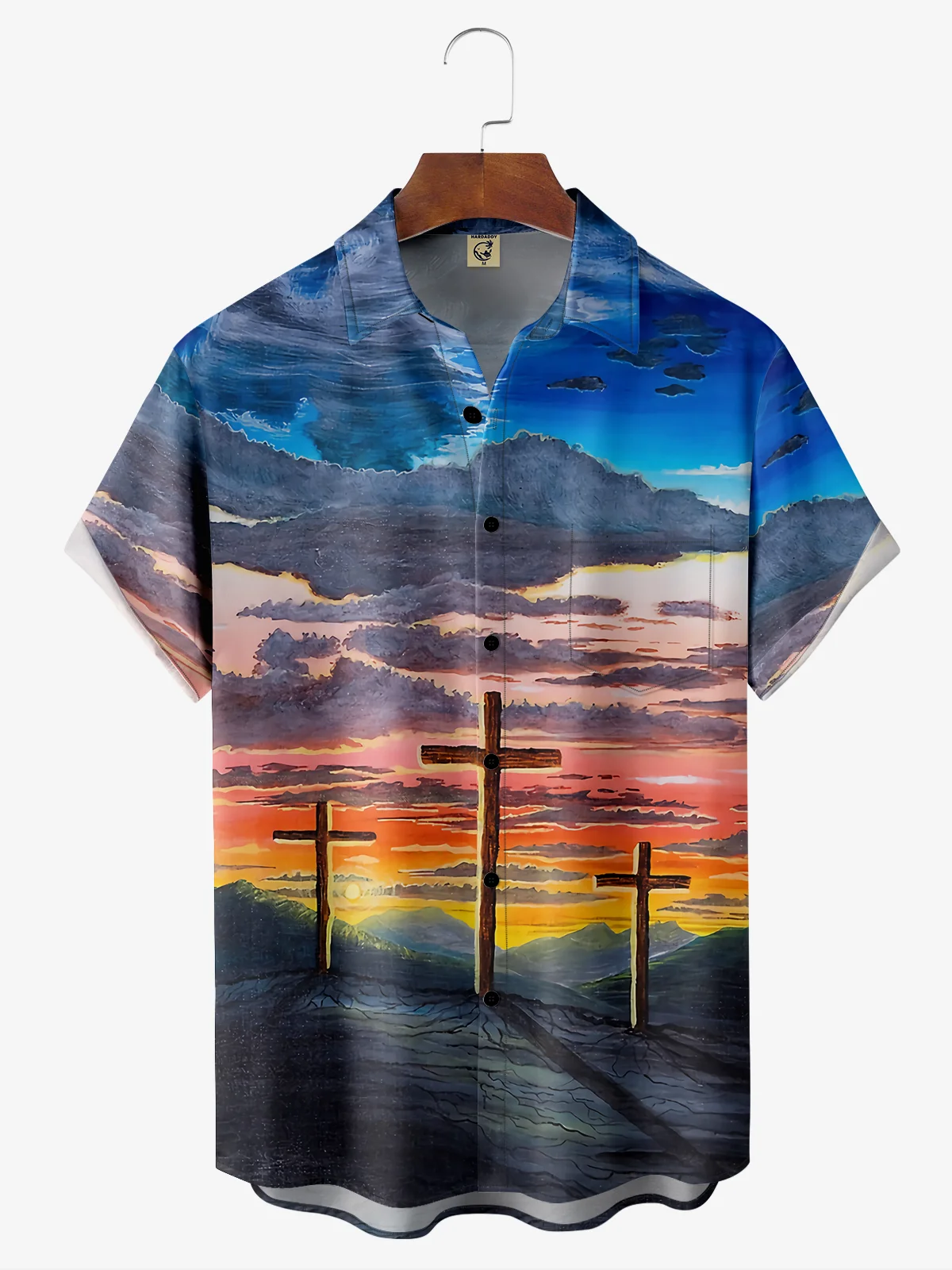 Rhyvra Easter Cross Chest Pocket Short Sleeve Hawaiian Shirt