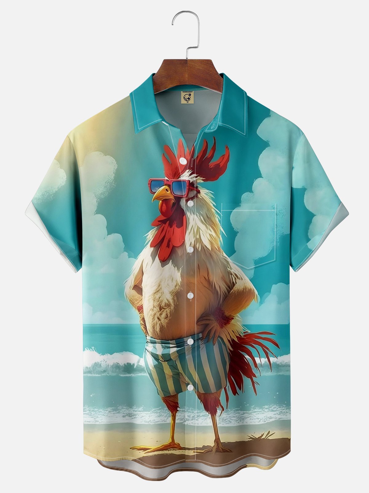 Rhyvra Moisture-wicking Beach Fun Chicken Chest Pocket Hawaiian Shirt