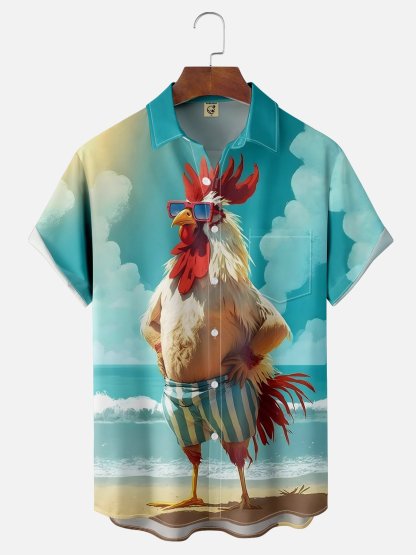Rhyvra Moisture-wicking Beach Fun Chicken Chest Pocket Hawaiian Shirt