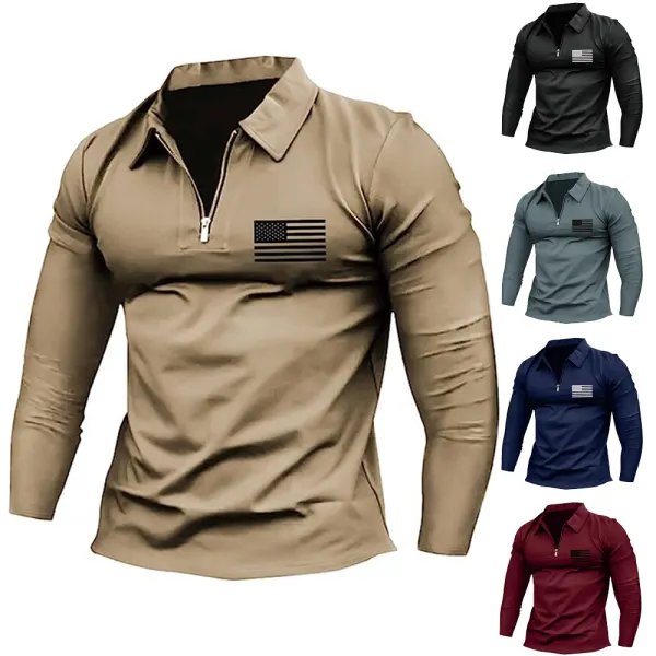 Men's Vintage American Flag Print Zip Lapel Long Sleeve T-Shirt