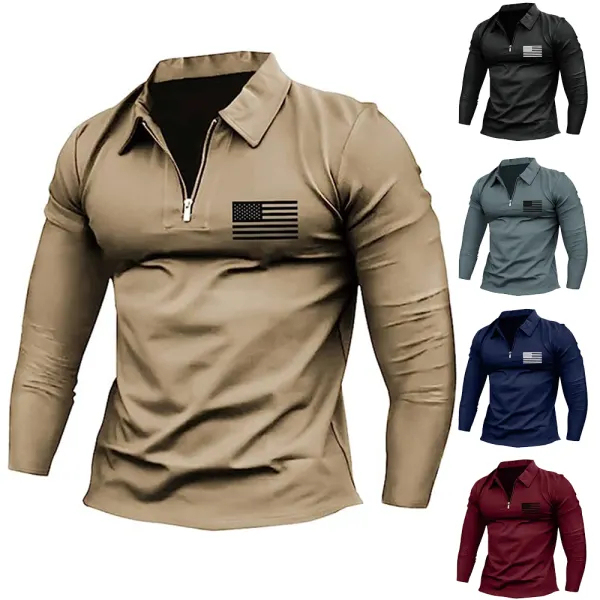 Men's Vintage American Flag Print Zip Lapel Long Sleeve T-Shirt