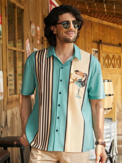 Rhyvra X Artist Funny Button Down Shirts Animal Toucans Chest Pocket Short Sleeve Vintage Bowling Shirt