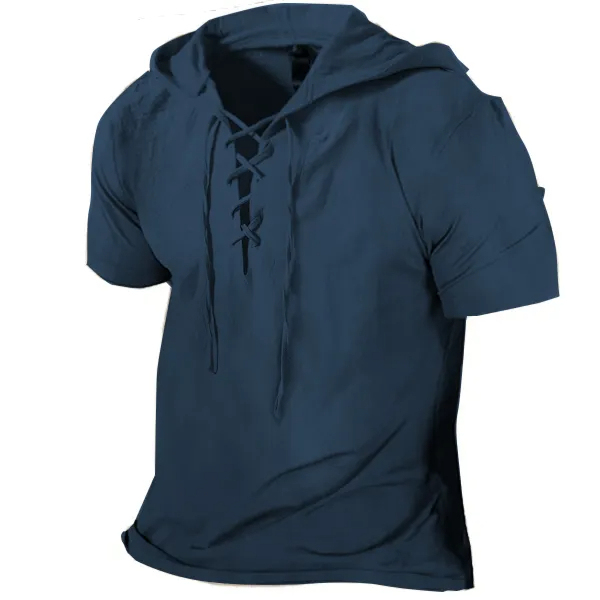 Men's Linen T Shirts Drawstring Lace Up Hood Solid Color Summer Tops Short Sleeve Blouse Mens Plain T-shirt Work Pullover