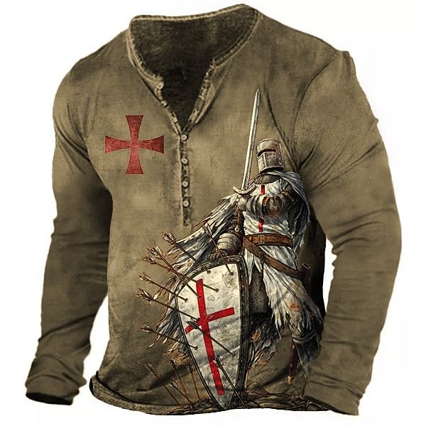 Men's Vintage Templar Cross Henley Collar Long SleeveT-Shirt