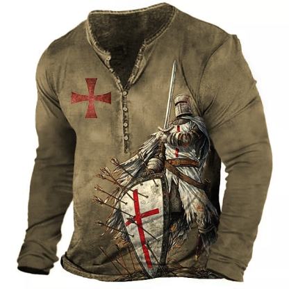 Men's Vintage Templar Cross Henley Collar Long SleeveT-Shirt