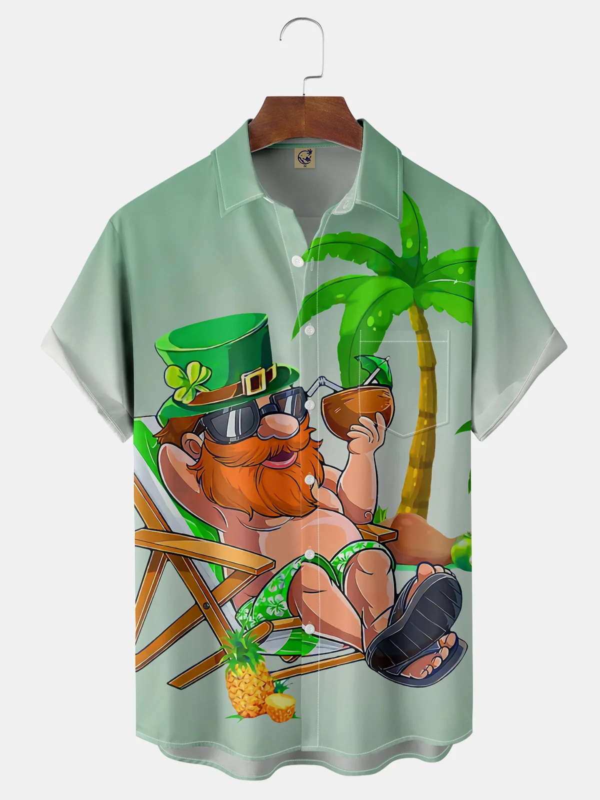 Rhyvra Hawaiian Button Up Shirt for Men Green St. Patrick's Day Lucky Clover Regular Fit Short Sleeve Shirt St Paddy's Day Shirt