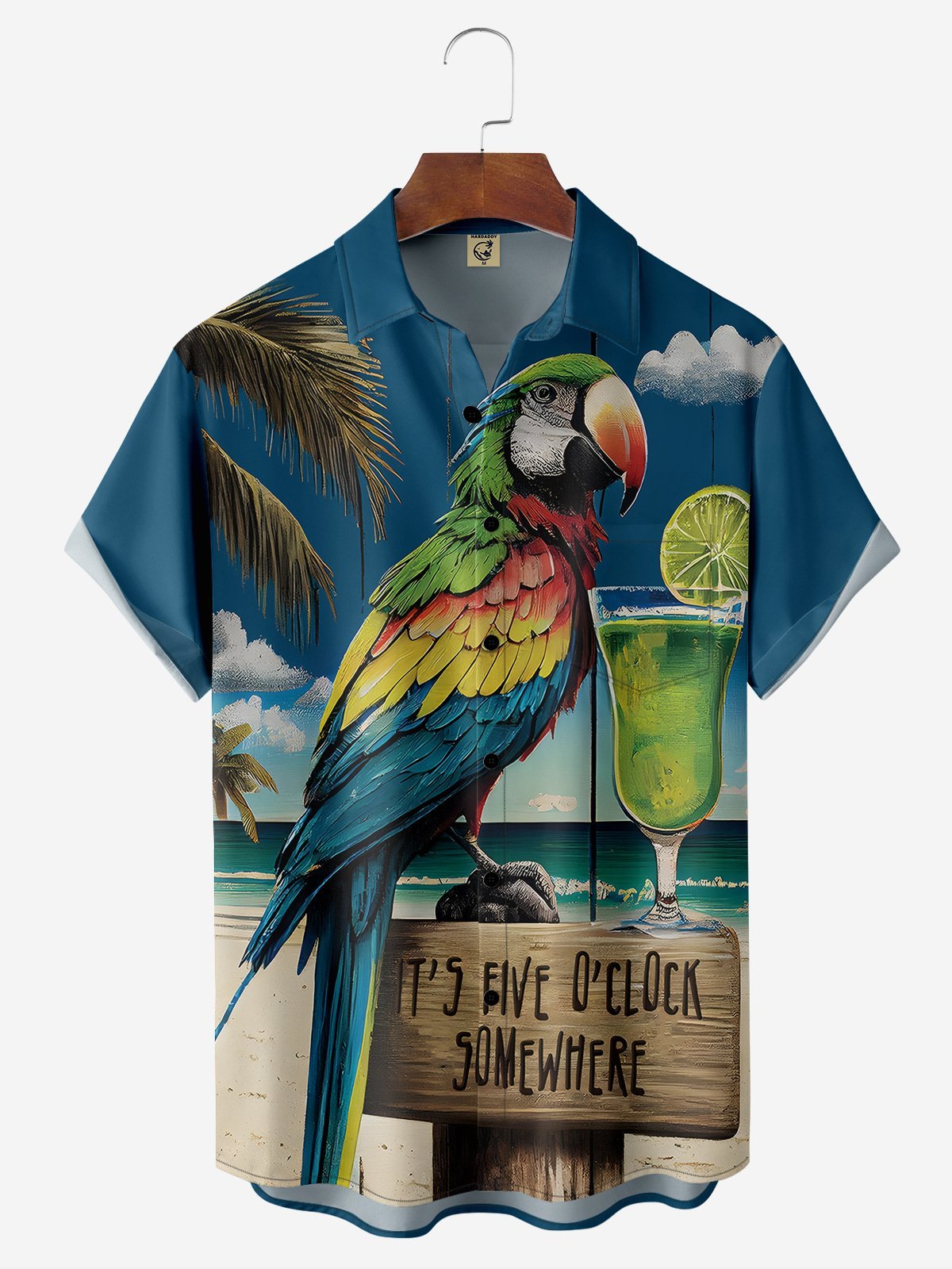 Hardaddy Lake Blue Parrot Cocktail Regular Fit Chest Pocket Short Sleeve Hawaiian Shirt