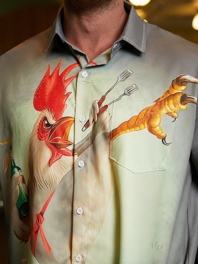 Rhyvra Kung fu Rooster Chest Pocket Short Sleeve Casual Shirt