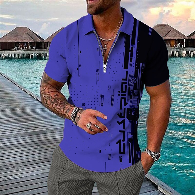 Men's Golf Shirt 3D Print Geometry Casual Zipper Print Short Sleeves Tops
