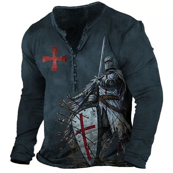 Men's Vintage Templar Cross Henley Collar Long SleeveT-Shirt